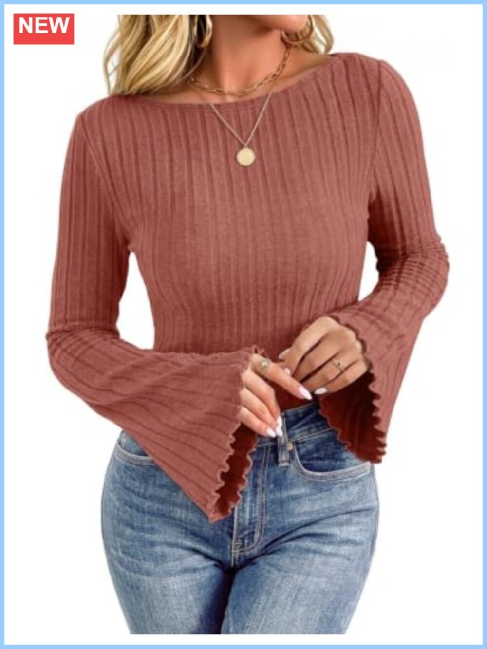 Women's Bell Sleeve Boat Neck Sweater Lightweight Knit Fall Top Blouse